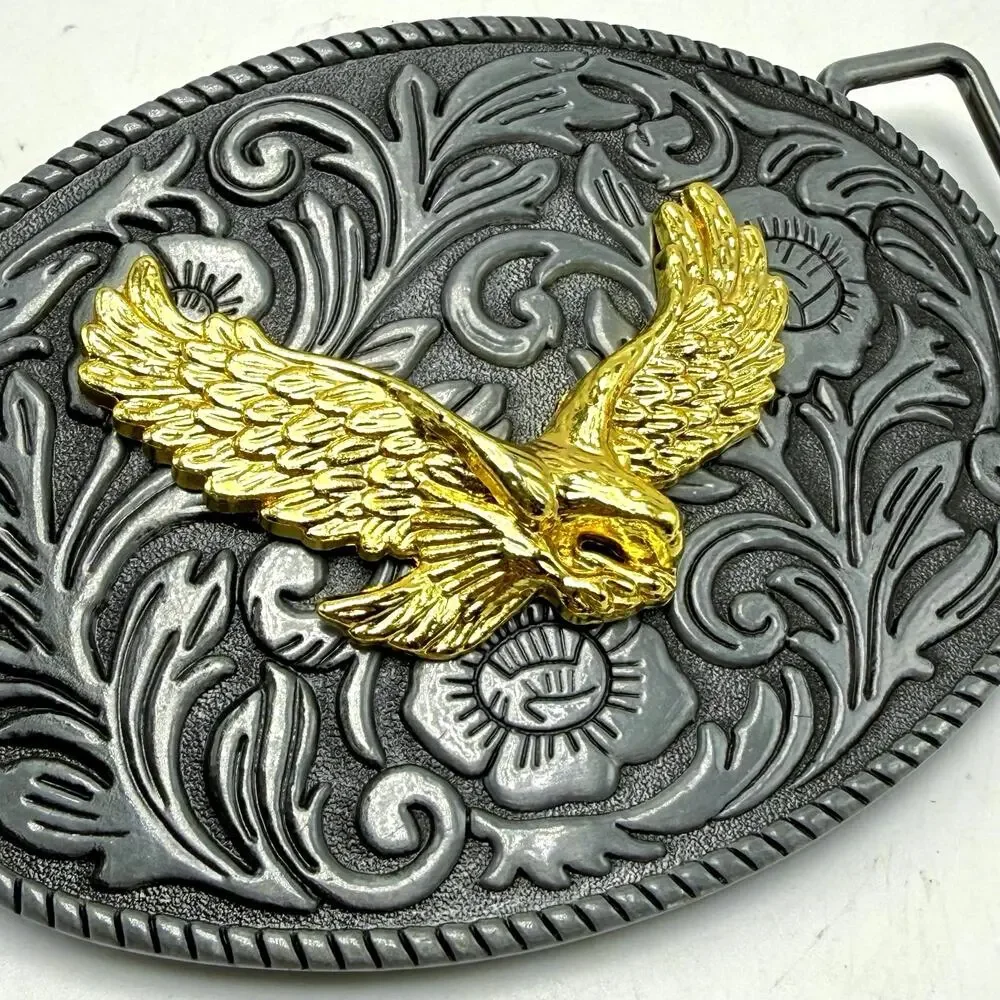 Gold Eagle Oval Western Belt Buckle Silver Tang Grass Design Rodeo Cowboy